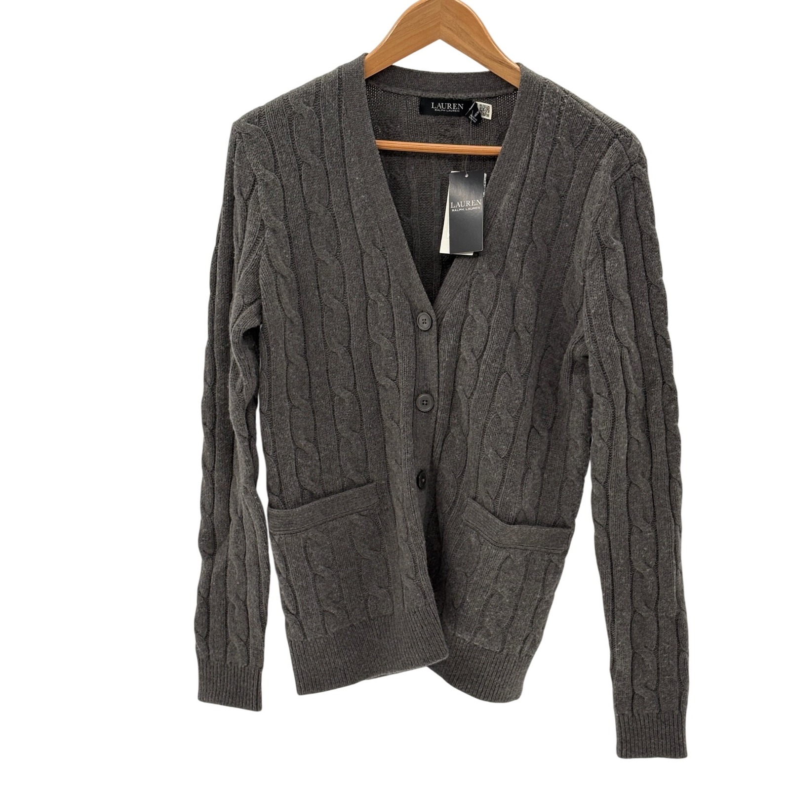 New Ralph Lauren Sweater Cardigan Cable Knit Chunky Wool Blend Women Small Gray